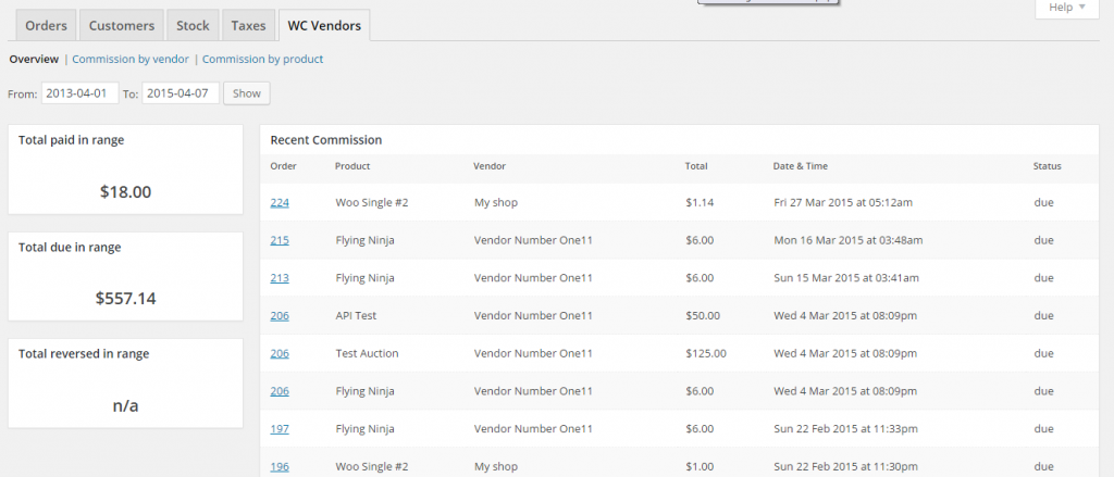 WC Vendors Pro dashboard showing built-in reporting tools