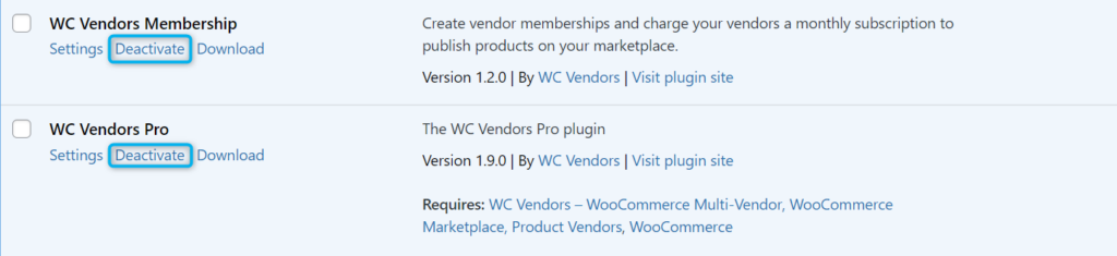 The plugins page in WordPress, highlighting the deactivate/disable button for managing active plugins