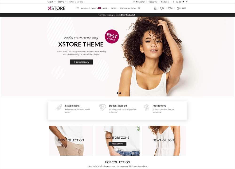 A demo of multi-Vendor ecommerce website template showing a pretty young woman in a white shirt