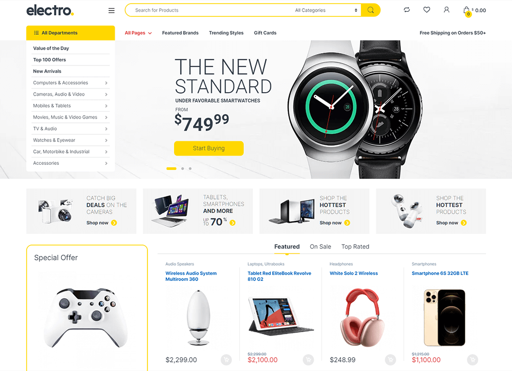 A demo of a multi-vendor ecommerce website template showing multiple gadgets, including a smartwatch, laptop, and game controller