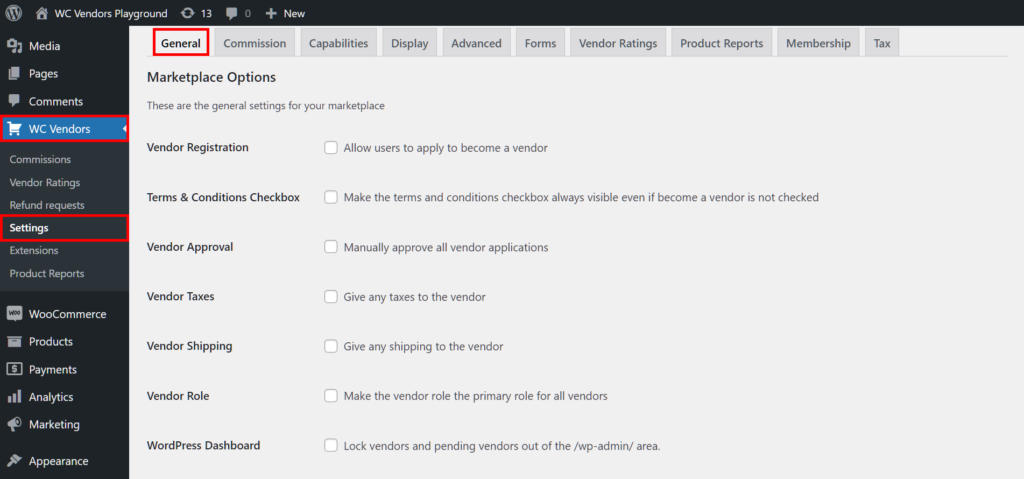 WC Vendors' General settings