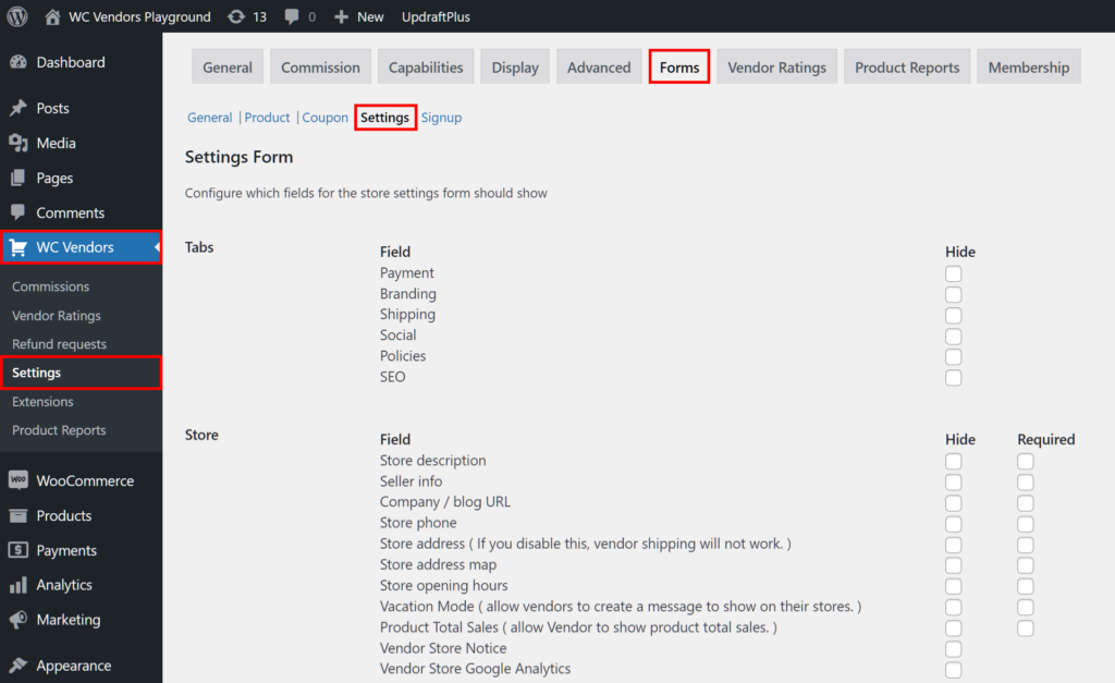 A screencap of the WordPress dashboard, showing the path from the WC Vendors panel to the Settings panel to the Forms tab to the Settings subtab, revealing the Settings Form page, which comes with various Tabs Field options and Store Field options