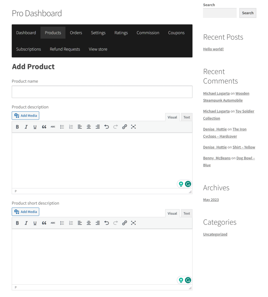 Product Description and Product Short Description boxes