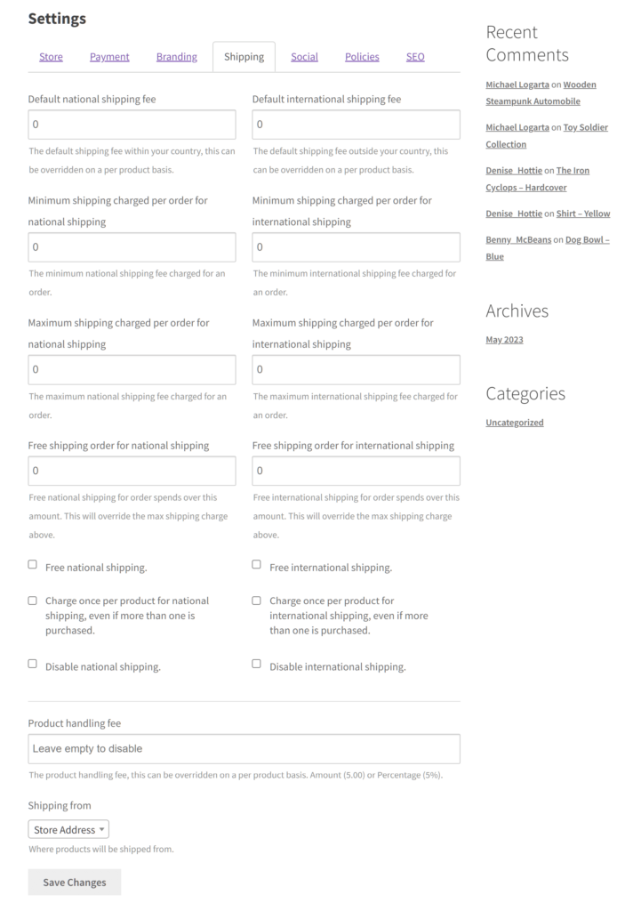 Shipping settings