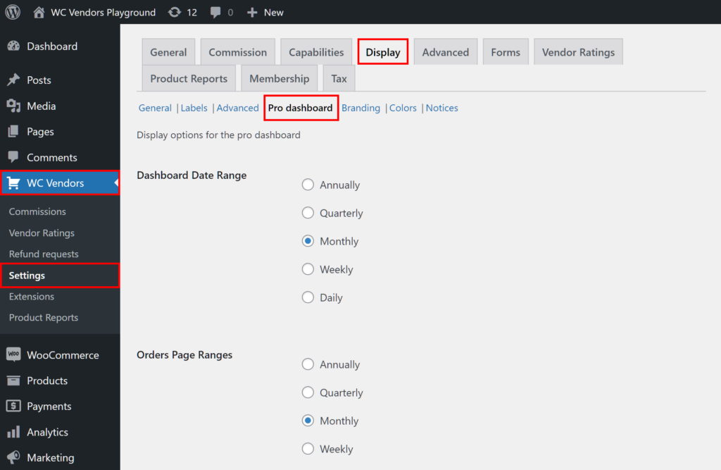 Navigating to the Pro Dashboard subsection