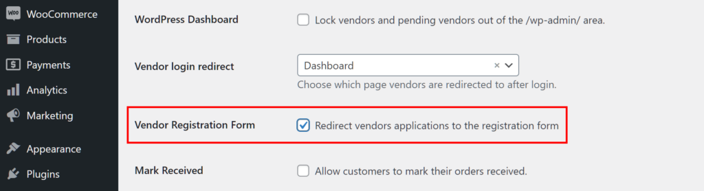 Enabling the Vendor Registration Form option