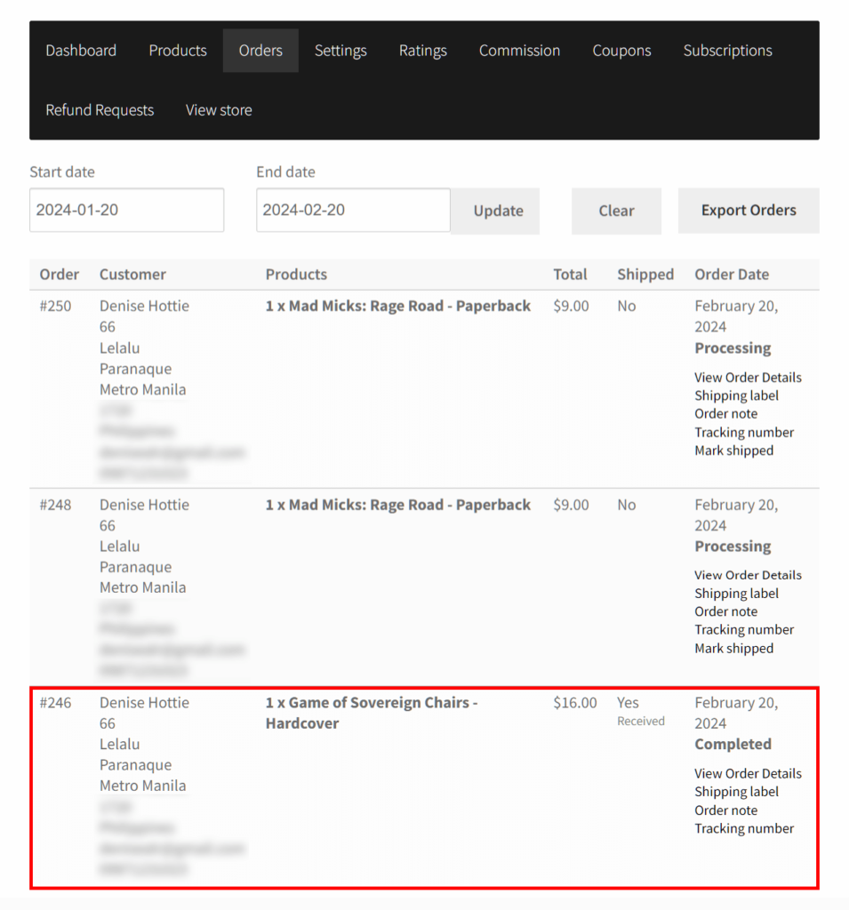 the vendor dashboard showing the order status