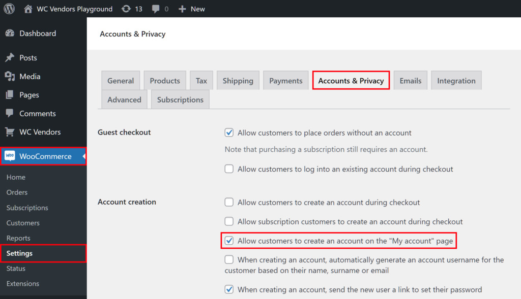 Enabling the vendor registration box