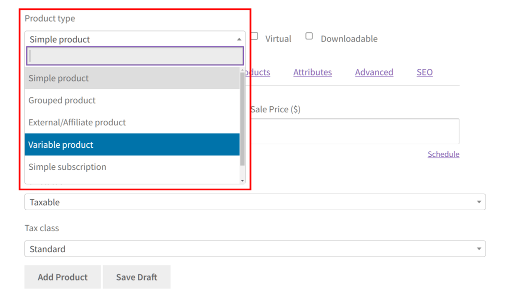 Product Types on the vendor dashboard