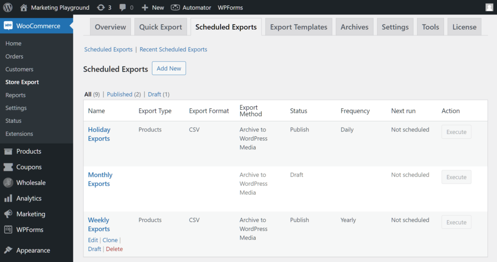 Scheduled exports table