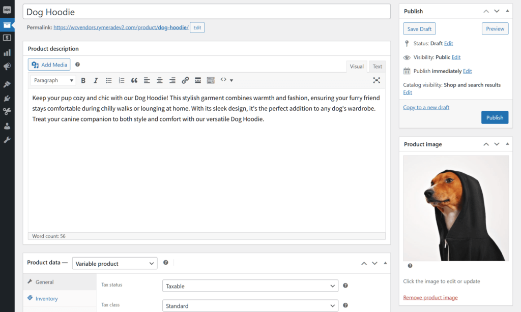 Creating a product called "Dog Hoodie," complete with description and image, in the WordPress dashboard's "Add new product" page