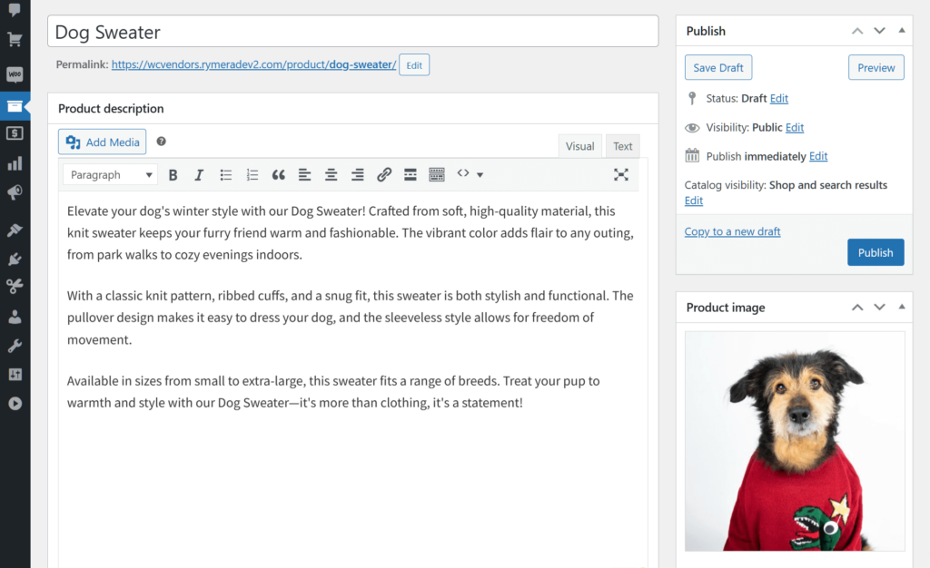 Creating a product called "Dog Sweater," complete with description and image, in the WordPress dashboard's "Add new product" page