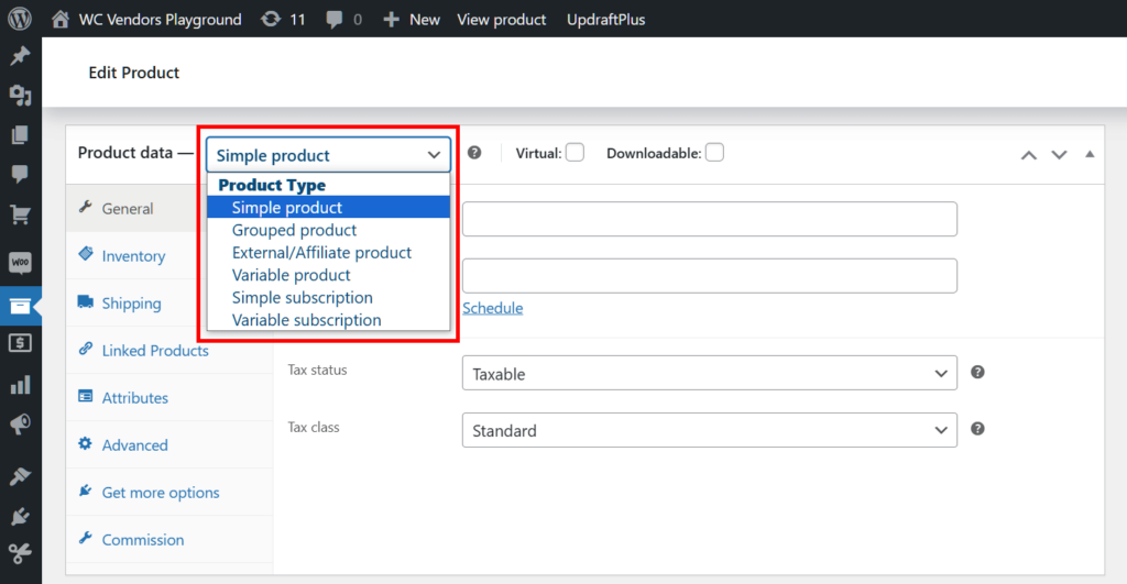 Selecting "Simple product" from a dropdown menu in the Product data box