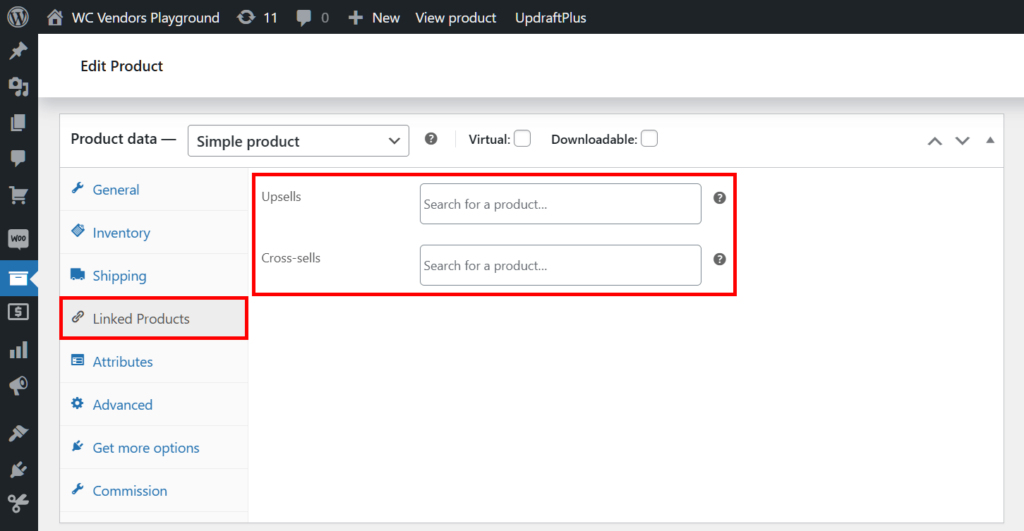 Selecting the highlighted "Linked Products" panel the Product data box, revealing two options, Upsells and Cross-sells, highlighted in red