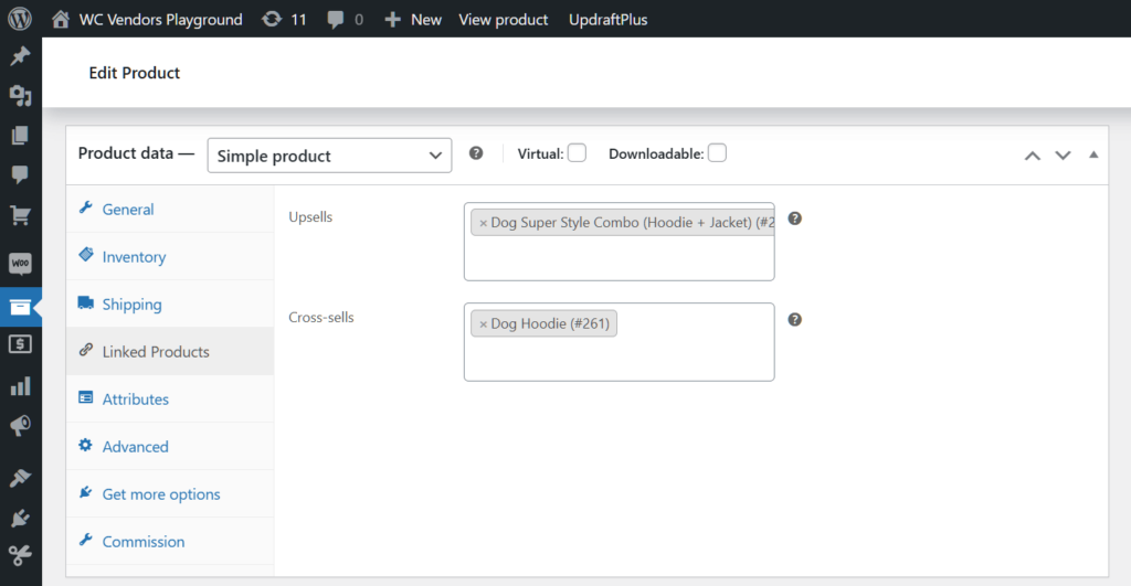 Selecting the highlighted "Linked Products" panel the Product data box, revealing two options, Upsells and Cross-sells, whose entry fields have been filled with "Dog Super Style Combo" and "Dog Hoddie" respectively