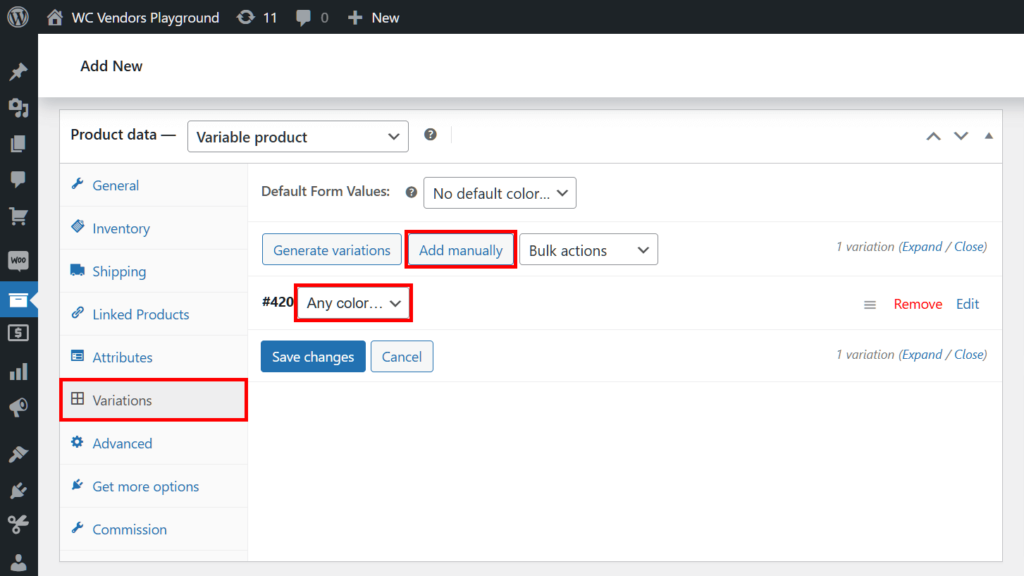 Selecting the "Variations" panel, the "Add manually" button, and the attribute in the product data box.