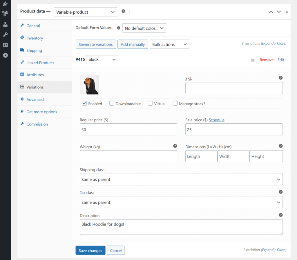 Entering information about a product variation, including its regular price, sale price, and description in the product data box's "Variations" panel