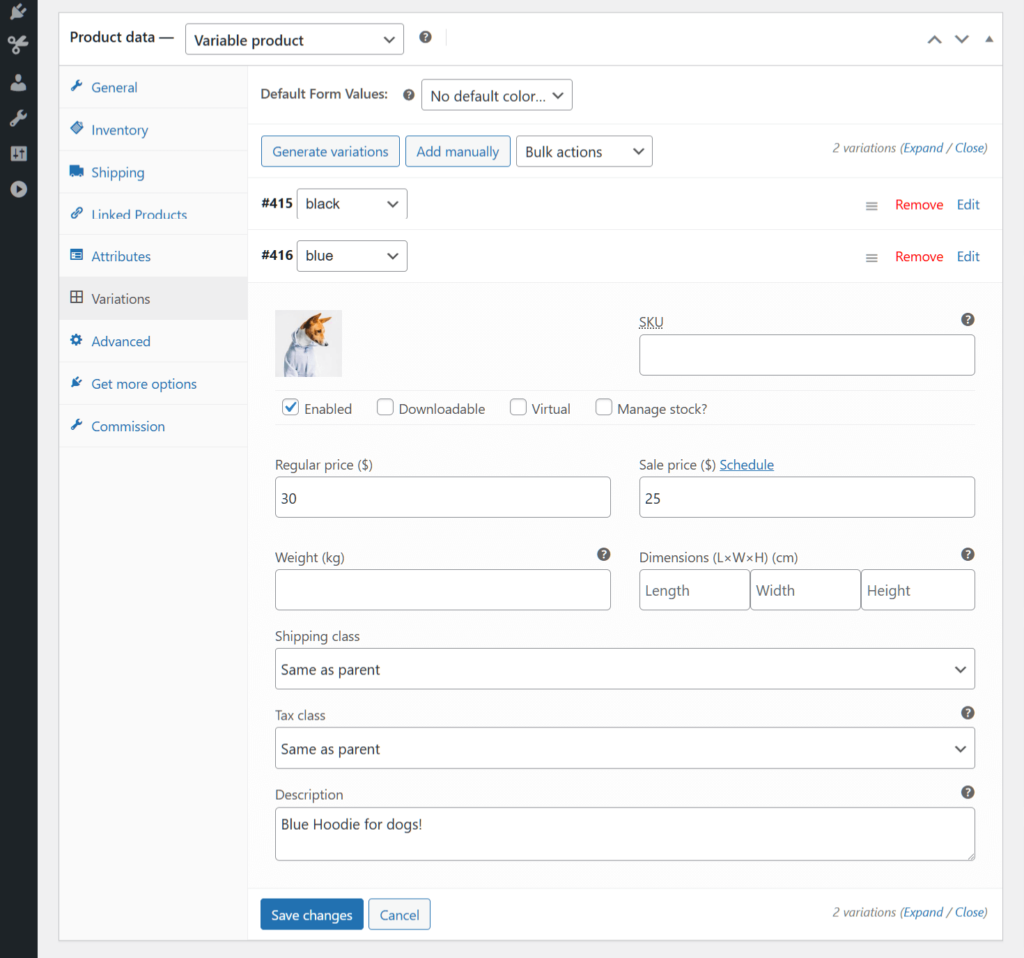 Entering information about a product variation, including its regular price, sale price, and description in the product data box's "Variations" panel