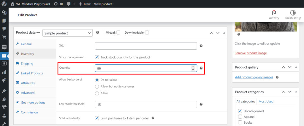 Modifying the stock quantity and other details