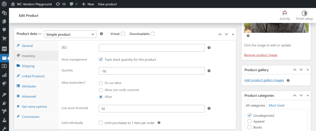 Navigating to the product data box inventory section