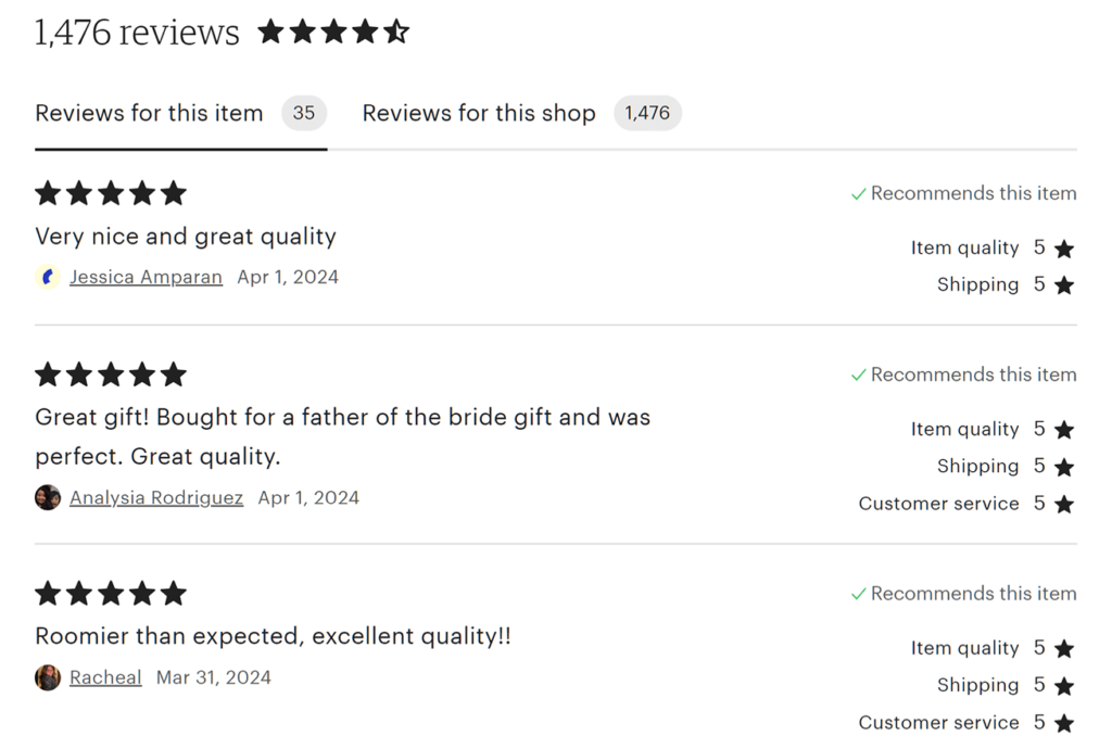 Reviews of a product on Etsy