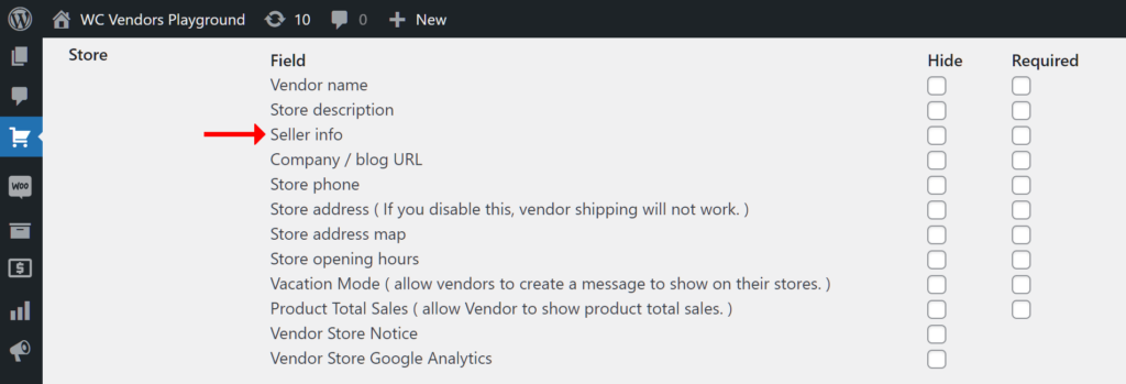 A screencap of WC Vendors settings on the WordPress dashboard, specifically highlighting the Store field "Seller Info"