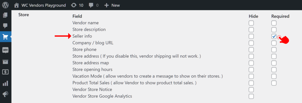 A screencap of WC Vendors settings on the WordPress dashboard, specifically highlighting the Store field "Seller Info" and the ticking of the "Required" checkbox