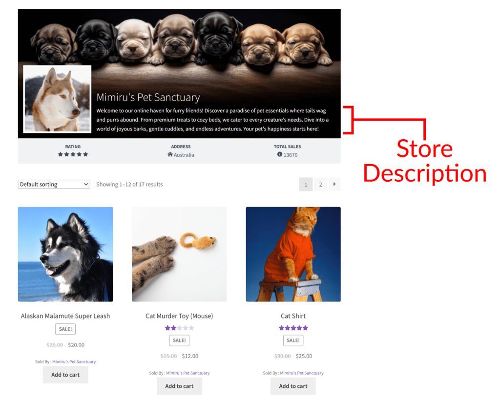 An online pet store's landing page, filled with images of dogs and cats, with the store description highlighted