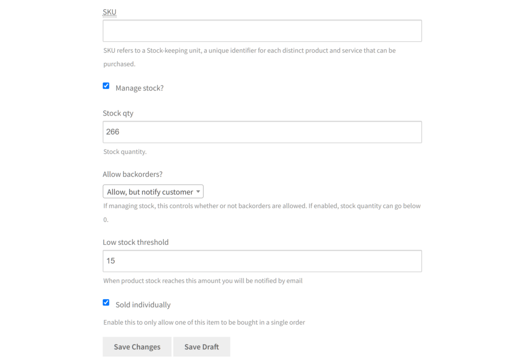 Third part of a completed product form with marketplace inventory management enabled