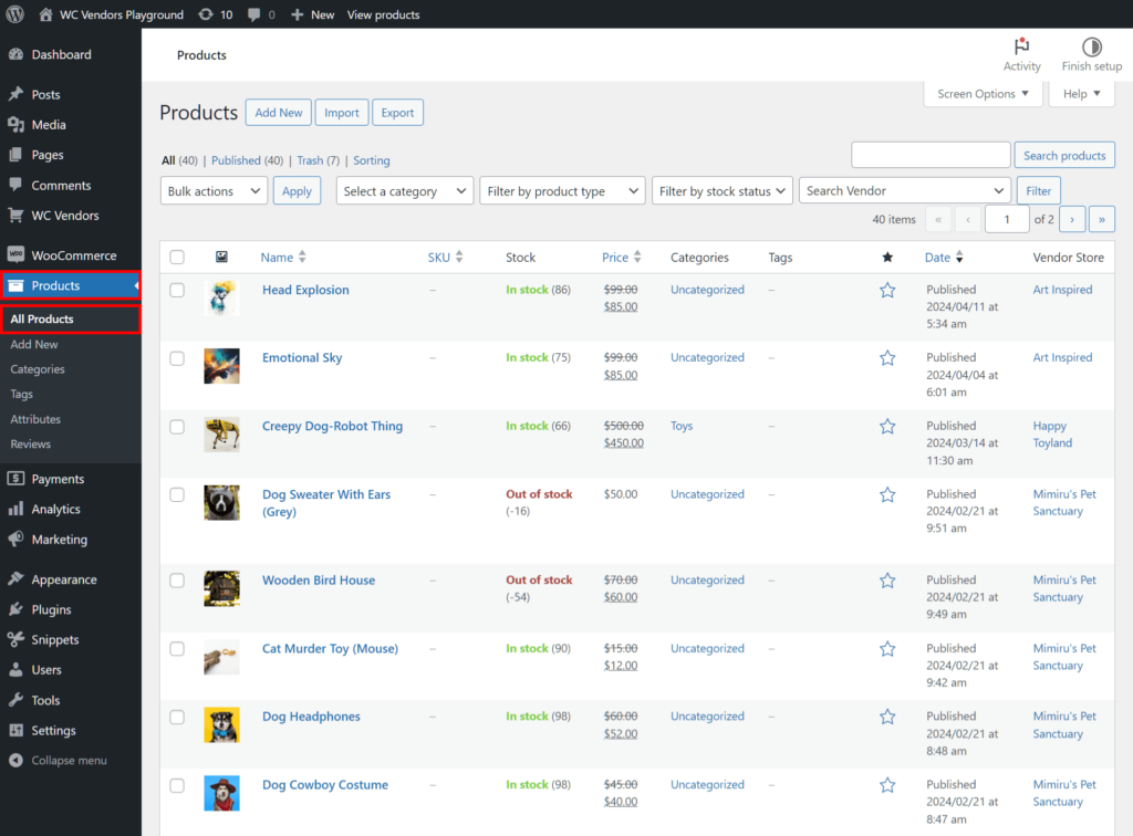 A screencap of the WordPress dashboard, showing the path from the Products panel to the All Products panel, revealing the Products page and a list of products in the marketplace