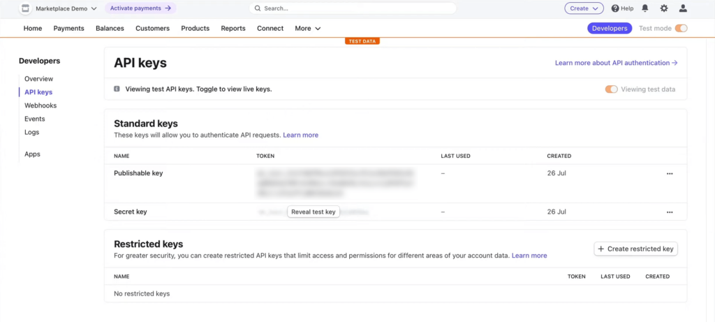 A screencap showing the API keys area in a Stripe account dashboard, revealing Standard keys and Restricted keys options