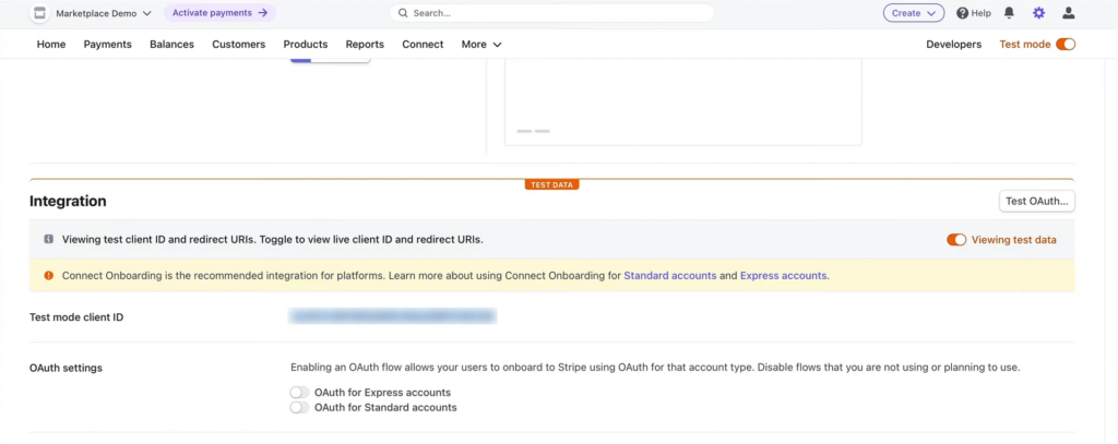 A screencap of the Integration area in a Stripe account dashboard, revealing Test mode client ID option and OAuth settings 