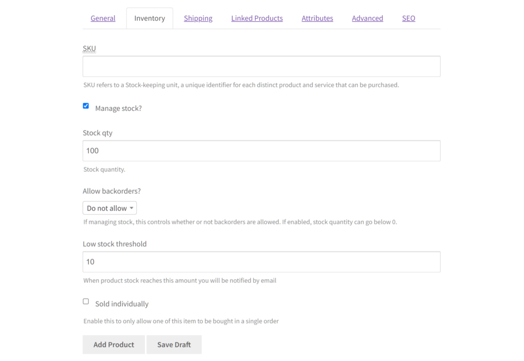 Inputting a stock quantity of 100