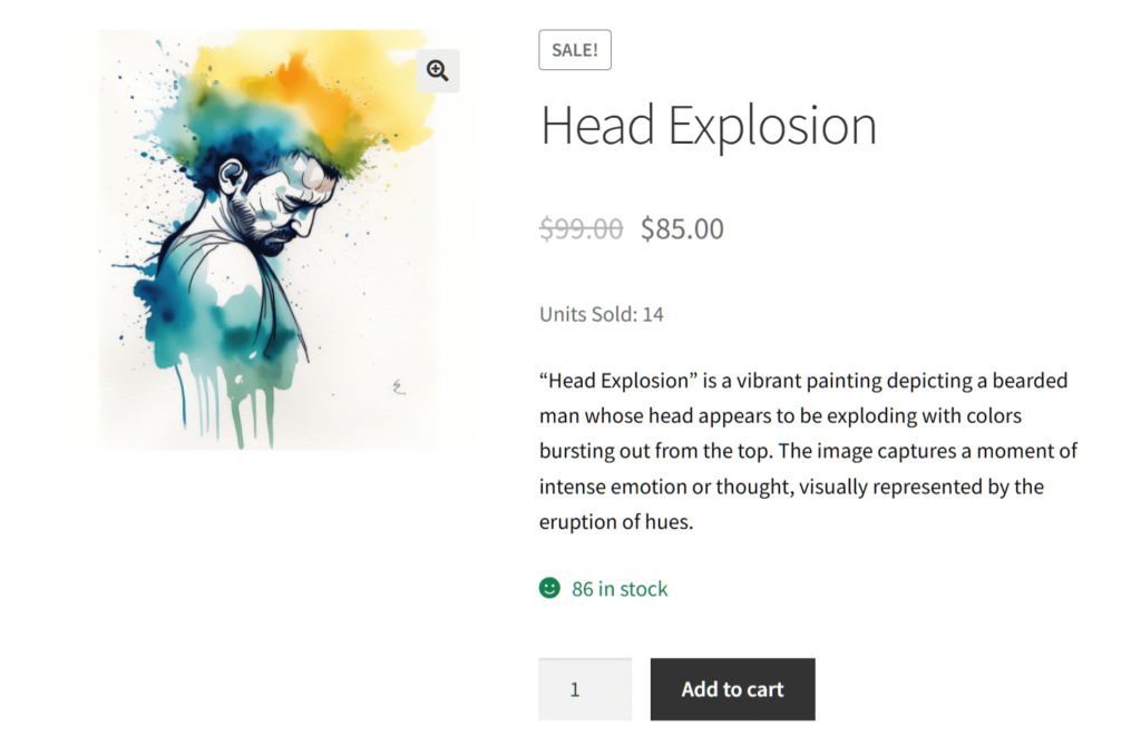 A screencap of a product listing, a digital painting known as Head Explosion, on the marketplace frontend