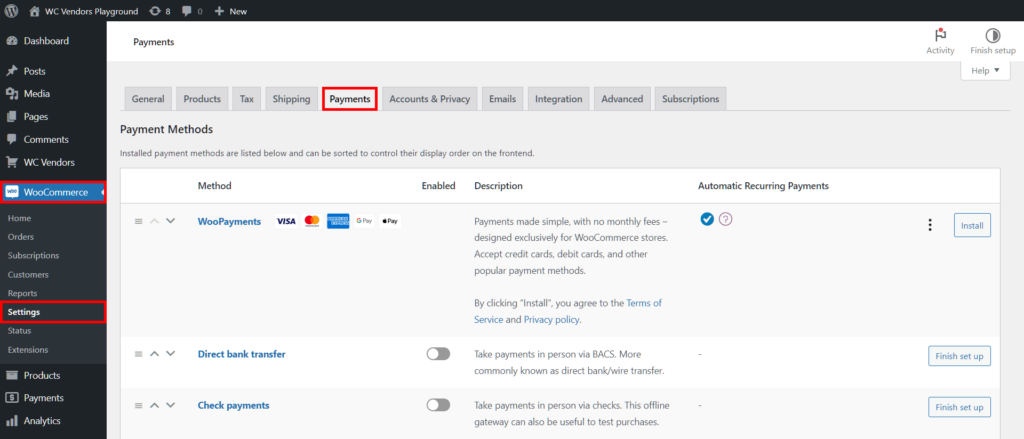 A screencap of the path from WooCommerce to Settings to Payments, revealing how to navigate to the payment gateway options, including WooPayments, Direct bank transfer, and Check payments