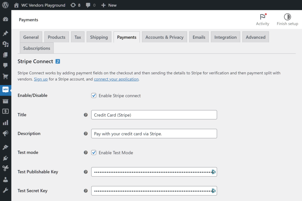 First part of WC Vendors Stripe Connect integration configuration page