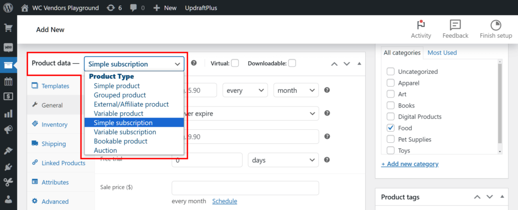 A screencap of the WordPress dashboard showing the "Add new product" page's product data box, with a focus on the "simple subscription" option being selected from a dropdown menu