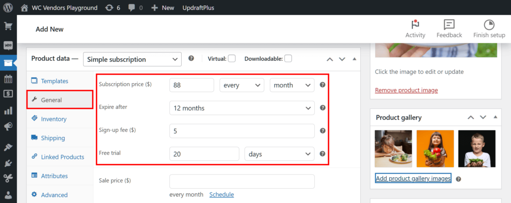 A screencap of the WordPress dashboard showing the "Add new product" page's product data box and the various "simple subscription" entry fields that have been filled with details