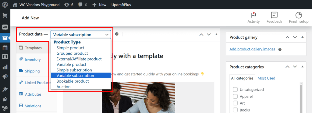A screencap of the WordPress dashboard showing the "Add new product" page's product data box, with a focus on the "variable subscription" option being selected from a dropdown menu