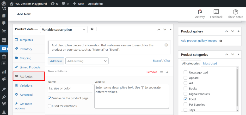 A screencap of the WordPress dashboard showing the "Add new product" page's product data box, with the "variable subscription" option selected and the "Attributes" panel highlighted