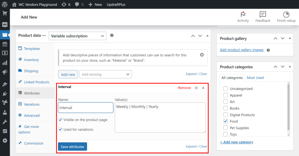 A screencap of the WordPress dashboard showing the "Add new product" page's product data box, with the "variable subscription" option selected and the "Attributes" panel's entry fields filled with details