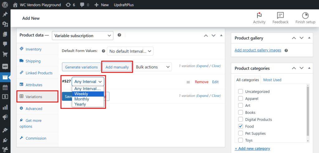 A screencap of the WordPress dashboard showing the "Add new product" page's product data box, with the "variable subscription" option selected and the "Variations" panel highlighted and selected, revealing the "Add manually" button, also highlighted, and the panel's entry fields filled with details