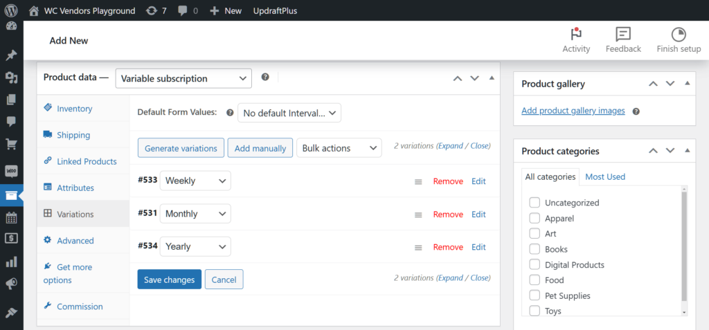 A screencap of the WordPress dashboard showing the "Add new product" page's product data box, with the "variable subscription" option selected and the "Variations" panel selected, revealing three attribute values