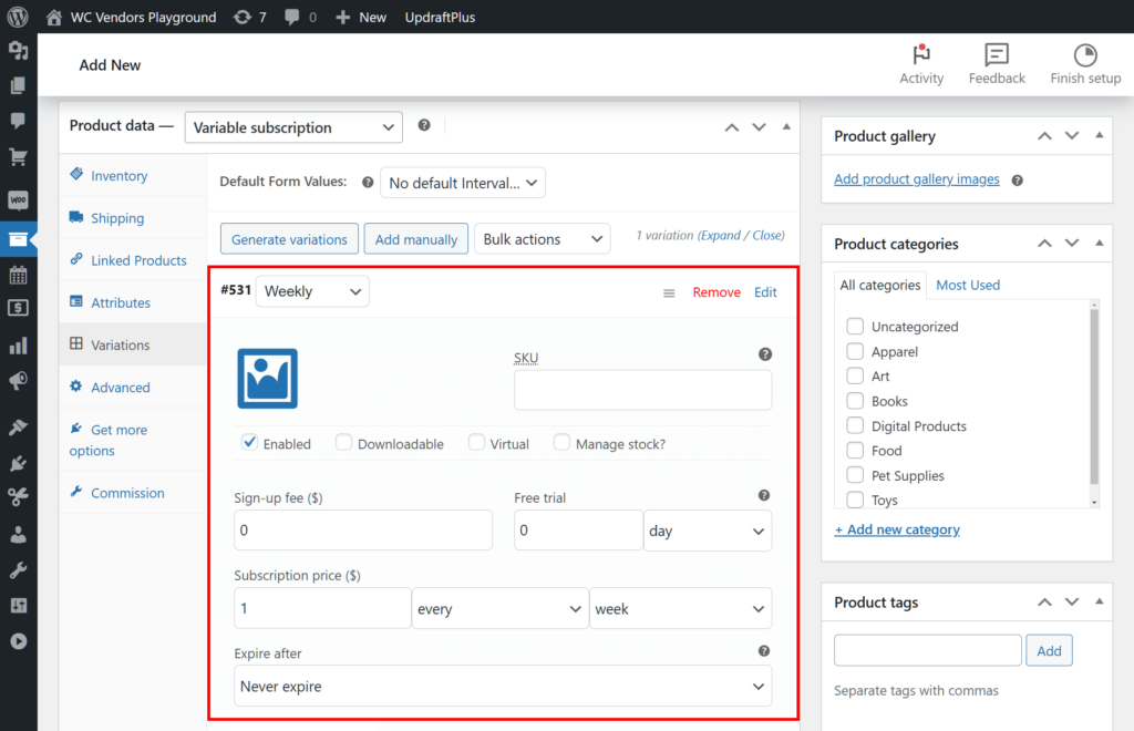 A screencap of the WordPress dashboard showing the "Add new product" page's product data box, with the "variable subscription" option selected and the "Variations" panel selected, revealing the entered details about the variable subscription product