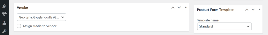 A screencap of the WordPress dashboard showing the vendor box, which has been filled with the name "Georgina Gigglenoodle"
