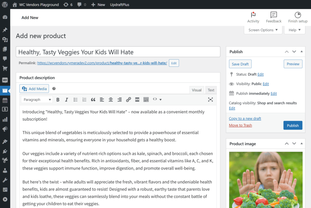 A screencap of the WordPress dashboard showing the "Add new product" page, where a new product has been given a title, description, and image