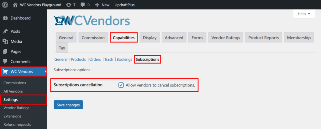 A screencap of the WordPress dashboard highlighting the path from "WC Vendors" to "Settings" to "Capabilities" to "Subscriptions," which reveals a page where the "Subscriptions cancellation" option is highlighted and enabled