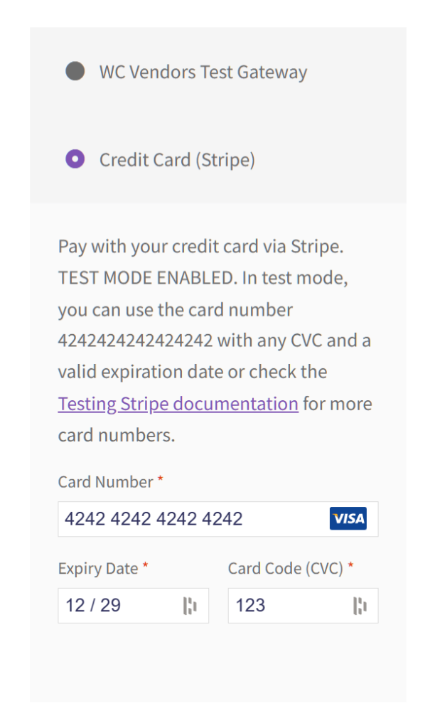 A screencap of the Credit Card (Stripe) section of the checkout page of a marketplace built using WC Vendors