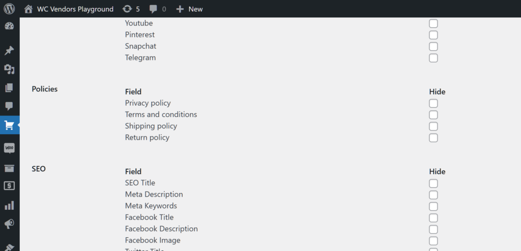 A screencap of the WordPress dashboard, showing various Policies Fields, including Privacy policy, Terms and conditions, Shipping policy, and Return policy, as well as SEO Fields, including SEO Title, Meta Description, Meta Keywords, Facebook Title, Facebook Description, Facebook Image, and their Hide checkboxes