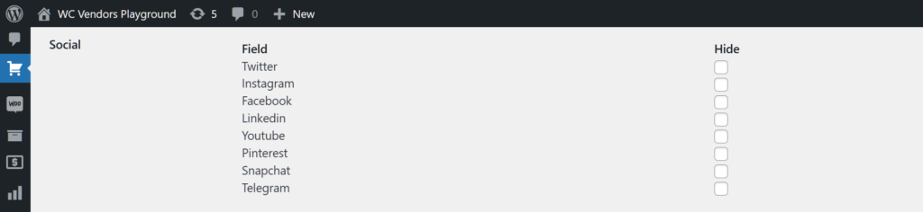 A screencap of the WordPress dashboard, showing various Social fields, including Twitter, Instagram, Facebook, LinkedIn, YouTube, Pinterest Snapchat, Telegram, with their Hide checkboxes unticked